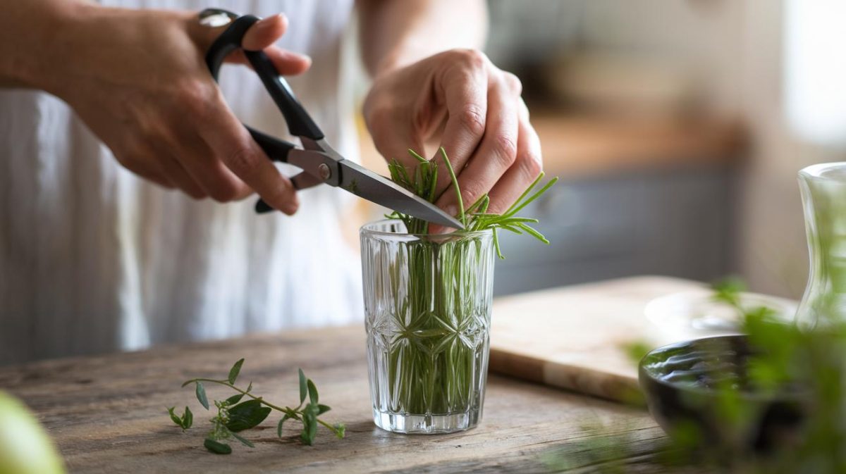 Un guide rapide pour émincer efficacement les herbes fraîches avec des ciseaux et un verre